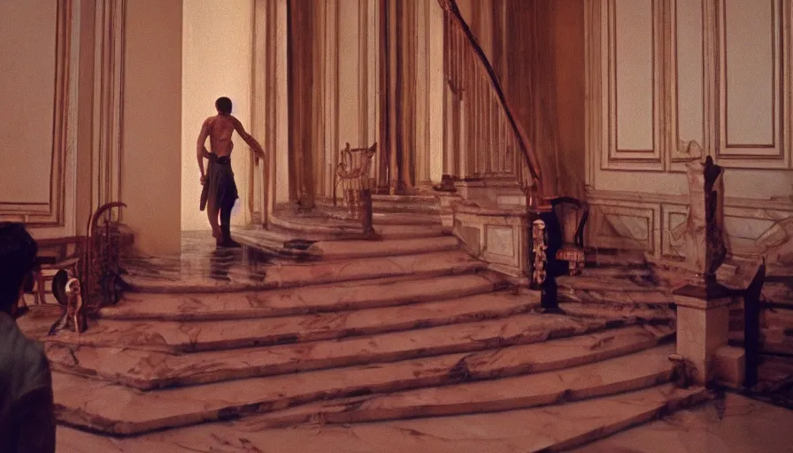 Prompt: movie still by tarkovsky of caligula stabbed to death by senators on huge stairs, cinestill 8 0 0 t 3 5 mm, high quality, heavy grain, high detail, dramatic light, ultra wide lens, anamorphic