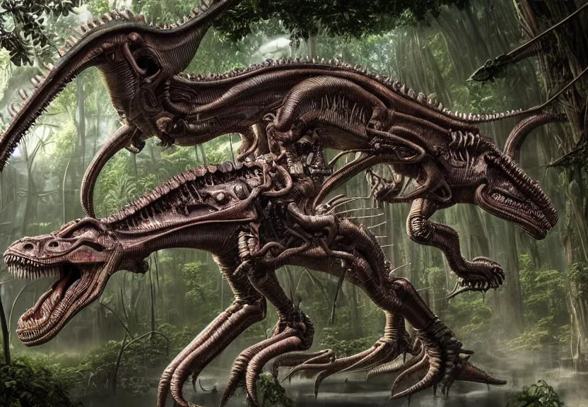 Image similar to extremely detailed. full body pictures of a gem - toned cybernetic tyrannosaurus rex engine. iridescent biomechanical giger ’ s xenomorph. the thing. detailed and intricate environment, wide angle, hyperrealism, plants and jungle, detailed and intricate environment, reflective, dynamic lighting, studio ghibli, 8 k