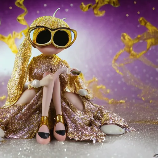 Image similar to Conchur Mac Greagoir with silver-violet hair, white eyes and golden glittery dress, wide lens, diorama, 4k,