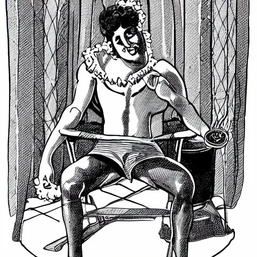 Prompt: illustration of the greek god eros who is a clown, has hurt his knee, sitting in a chair and is watching the game on tv, beer in hand