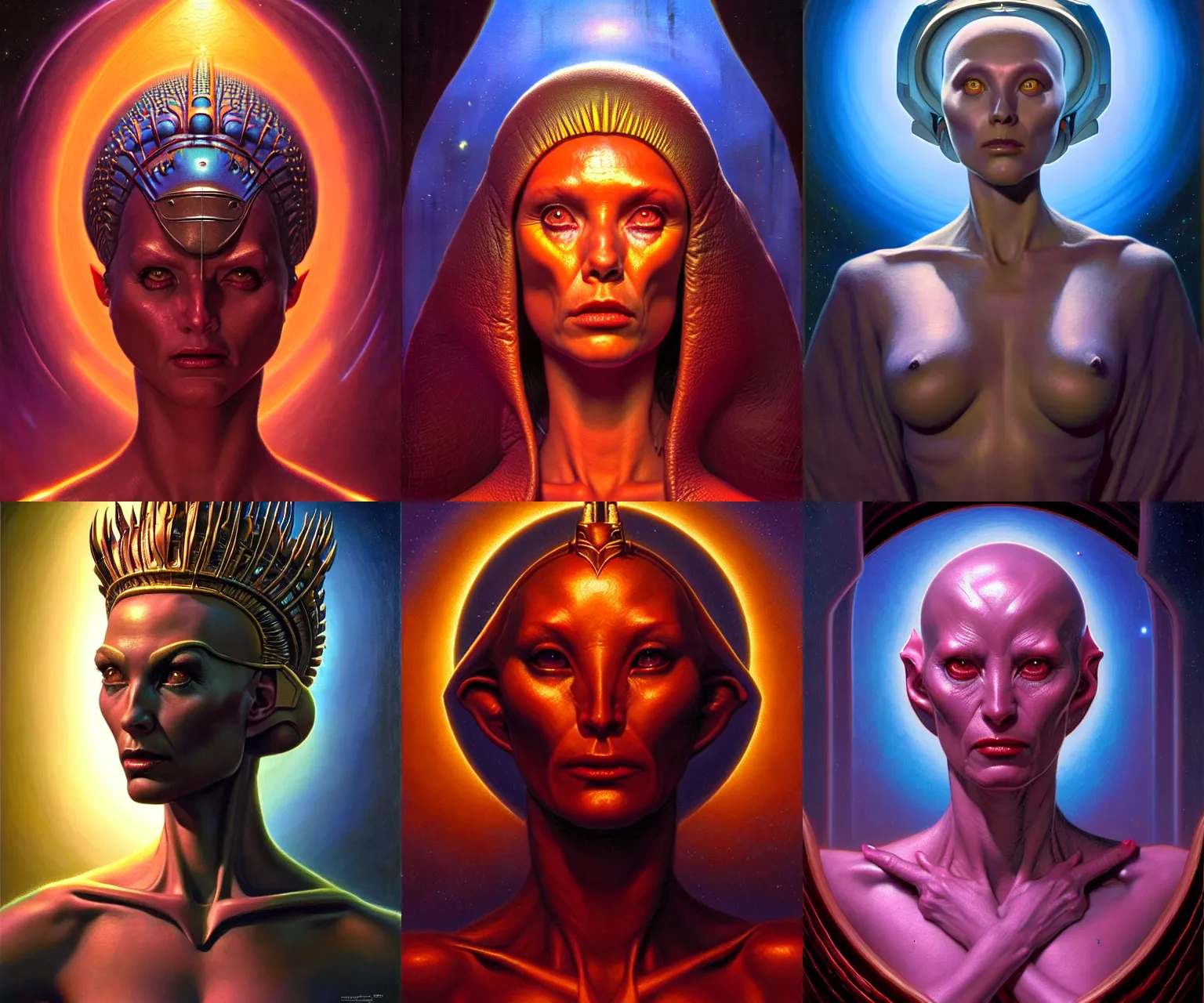 Prompt: cinematic bust portrait of benevolent female extraterrestrial queen, head and chest only, exotic alien features, Tim Hildebrandt, Wayne Barlowe, Bruce Pennington, donato giancola, jeff easley, oil on canvas, masterpiece, trending on artstation, featured on pixiv, cinematic composition, dramatic pose, beautiful lighting, sharp, details, hyper-detailed, HD, HDR, 4K, 8K