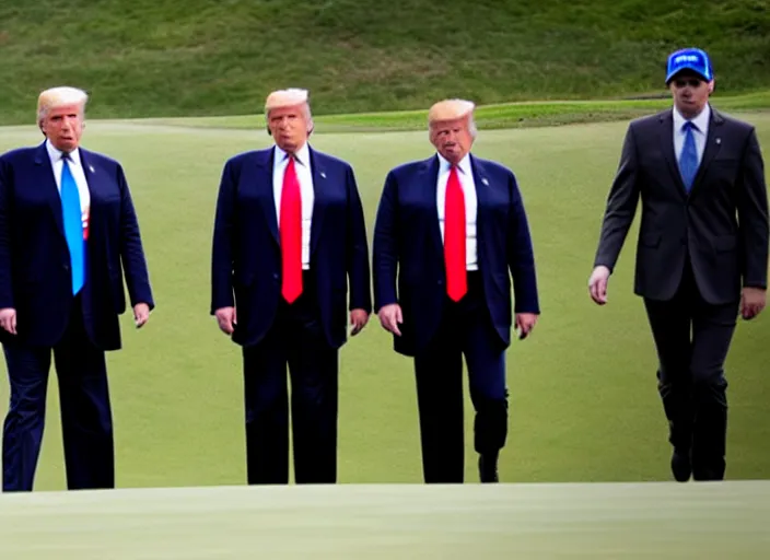 Image similar to front view of a single Donald Trump wearing handcuffs escorted by two young FBI agents wearing uniforms at golf course, photo by Alex Webb, press photo, Reuters media