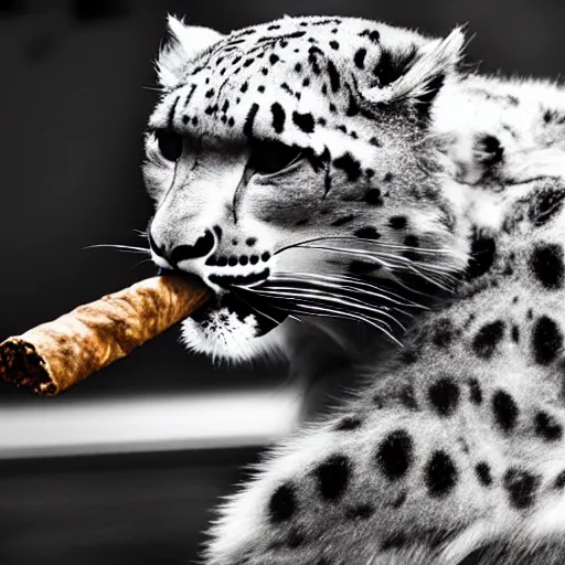 Image similar to Snow leopard smoking a cigar in the club, award winning photo