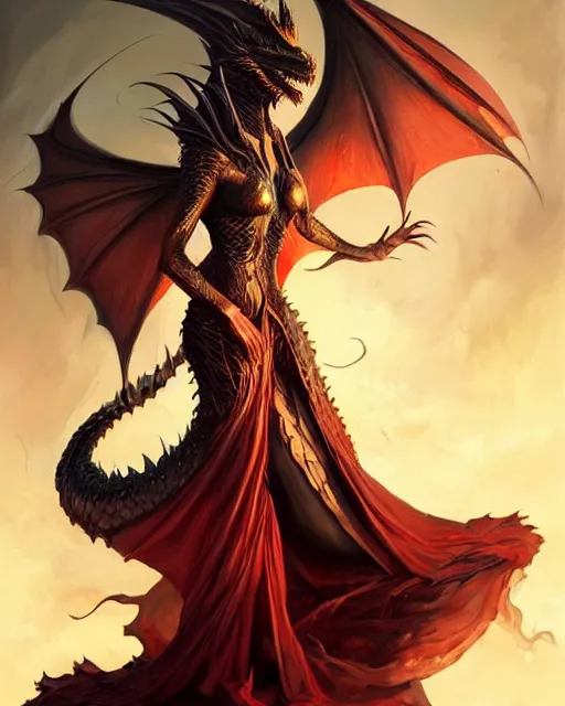 Image similar to dragon priestess in a twisting gown of flaming scales and obsidian, dark fantasy art, artgerm, jesper ejsing, peter mohrbacher