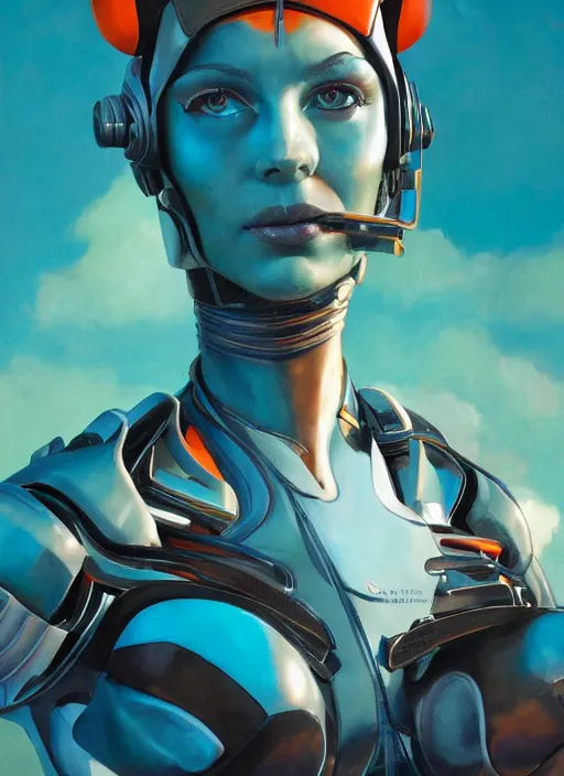 Image similar to symmetry!! dynamic pose, closeup portrait of a cyborg racer girl, leather jumpsuit, shoulder pads, cinematic light, backlight, teal orange, by gerald brom, clouds by mikhail vrubel, by peter elson, muted colors, extreme detail, trending on artstation, 8 k
