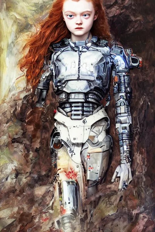 Image similar to sadie sink runs from a cyborg, dirt, fashion, fantasy, art by ayami kojima, vasnetsov, cedric peyravernay