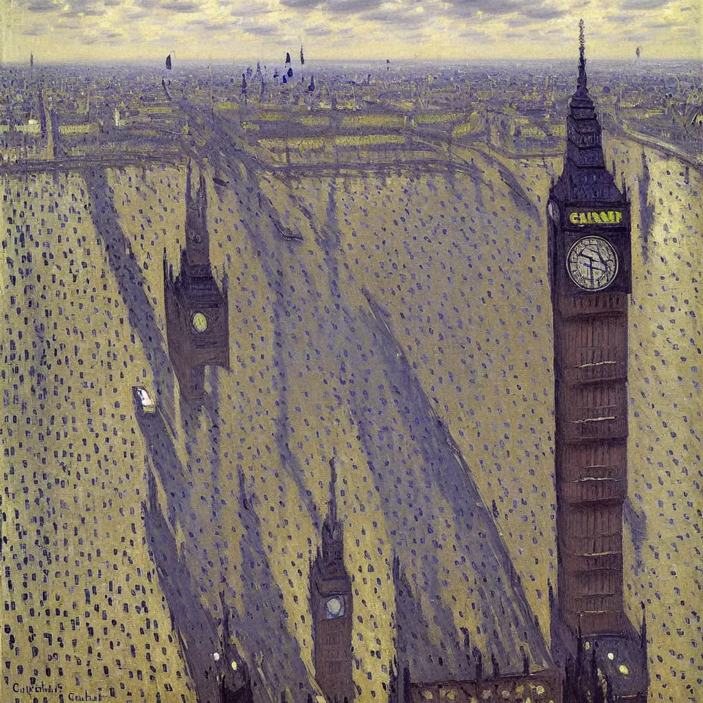 Prompt: gustave caillebotte painting of london in sunny rainy day, big ben