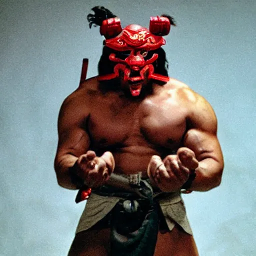 Image similar to fierce big muscular samurai wearing a cybernetic oni mask, movie still