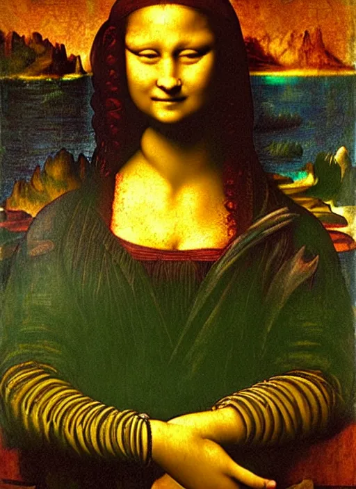 Image similar to painting on an african mermaid, art by leonardo davinci - in the style of'mona lisa'( 1 5 0 3 ), highly detailed, smooth, sharp focus, intricate, symmetry, masterpiece work of art,