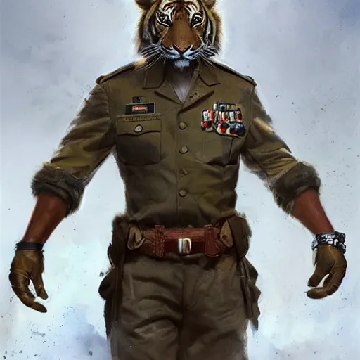 Image similar to a aesthetic award winning commission portrait of a fit anthro tiger wearing military uniform,digital art,art by greg rutkowski,art germ,charles bowater,trevor henderson,detailed beautfiul face,photorealistoc,hyperdetailed,dramatic,artstation,deviantart,professional lighting