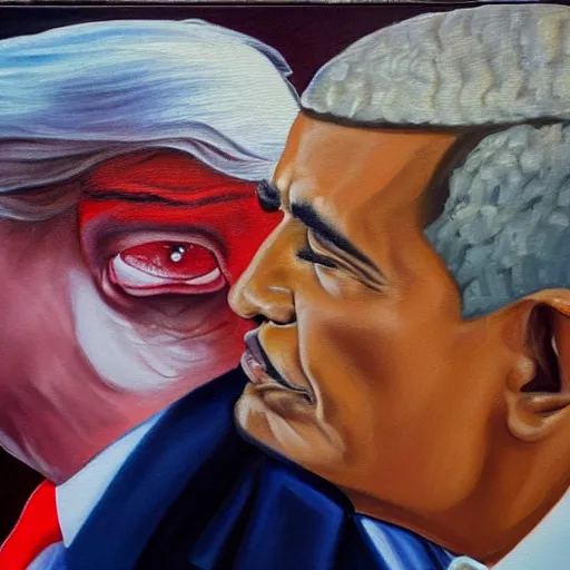 Prompt: oil painting of trump kissing obama, detailed, close up