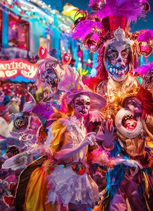 Prompt: professional photography, octane render, beautiful aesthetic whimsical horror, carnival, fools and jesters performing at a carnival, high-resolution, extreme detail, beautiful colorful lights