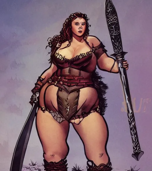 Image similar to 1 9 8 0 s fantasy novel book cover, bbw plus size amazonian scarlett johansson in extremely tight bikini armor wielding a cartoonishly large sword, exaggerated body features, dark and smoky background, low quality print