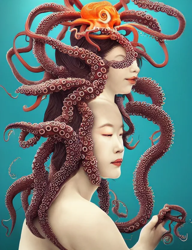 Image similar to 3 d goddess octopus half - turn portrait with long hair with ram skull. beautiful intricately detailed japanese crow kitsune mask and clasical japanese kimono. betta fish, jellyfish phoenix, bio luminescent, plasma, ice, water, wind, creature, artwork by tooth wu and wlop and beeple and greg rutkowski