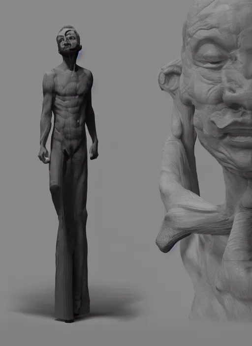 Image similar to a sculpture of a man standing next to a tall vase, a raytraced image by Hikari Shimoda, polycount, video art, vray tracing, ray tracing, rendered in unreal engine