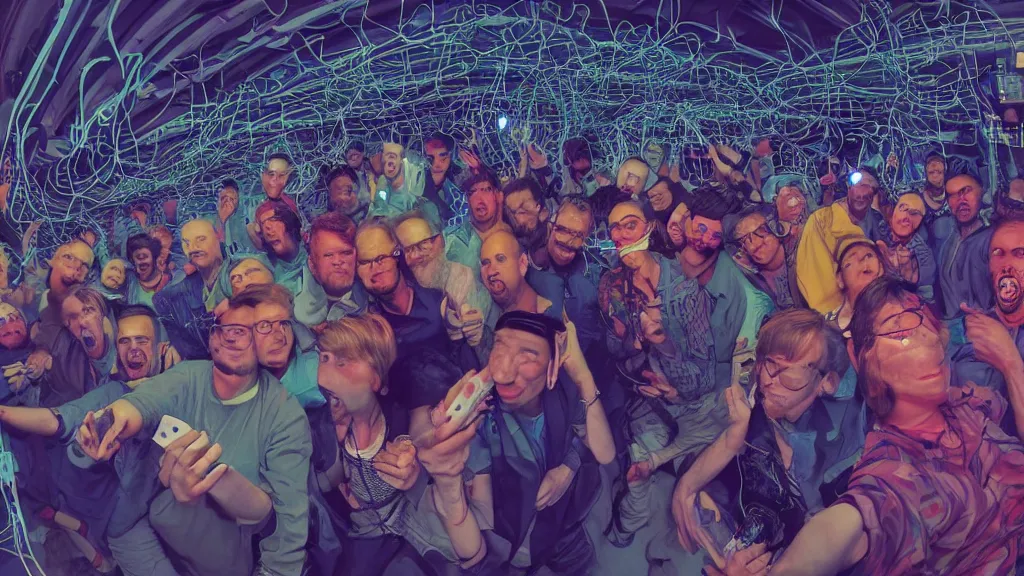 Prompt: selfie of a tight group of happy drunken hackers at a party in a highly detailed server room with computers everywhere and wires, netmeet, large speakers, in a scifi movie, vivid colors, by jamie hewlett, nuri iyem, james gurney, james jean, greg rutkowski, anato finnstark. hyper detailed, wide angle, perfect faces