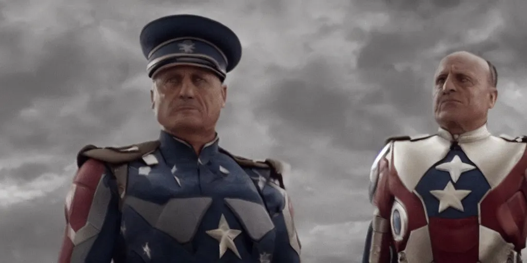Prompt: film still of ¡Benito Mussolini! As a super hero in Avengers: Endgame , epic shot, cinematic , 4k