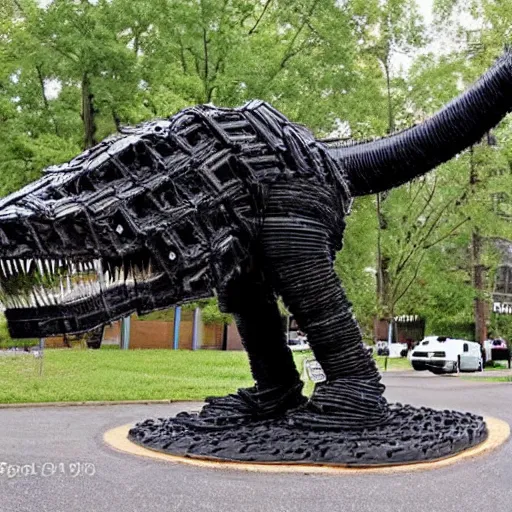 Image similar to photograph of a tyrannosaurus made of tires, recycled tire sculpture