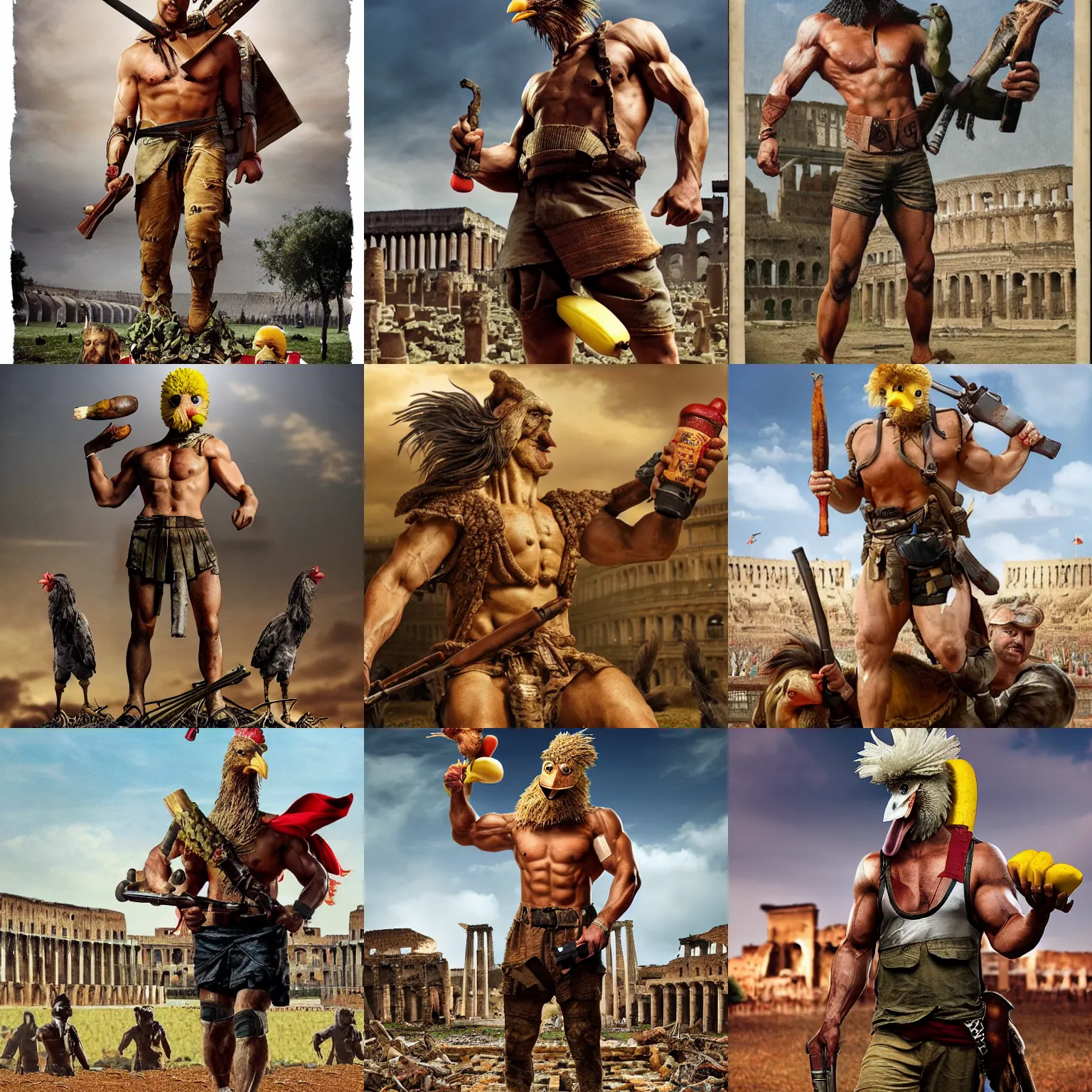 Prompt: realistic high definition chicken headed rambo with well defined muscles, glorious, holding a banana grenade on his right hand and a scarecrow head on his left hand, standing on a chariot in a devastated roman circus maximus