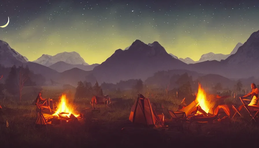 Image similar to survivor camp with campfire at night, guitar, tents, hill, mountains, forest, stars in the sky, hyperdetailed, artstation, cgsociety, 8 k