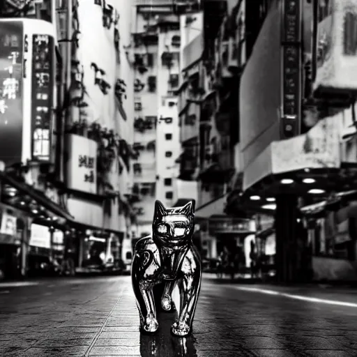 Prompt: a t - 1 0 0 0 cat made of liquid metal walking in the streets of hong kong and hugging a man, volumetric lighting, sharp focus, ultra detailed, cgsociety - w 1 0 2 4 - n 8 - i