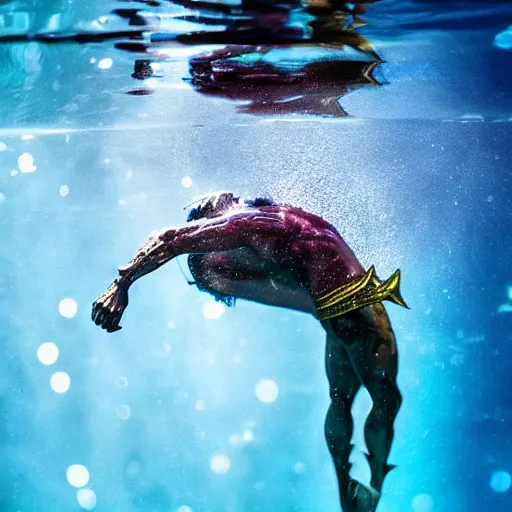 Image similar to aquaman in emotional movement, underwater photography and light scattering, water refractions turned out impressive imho,