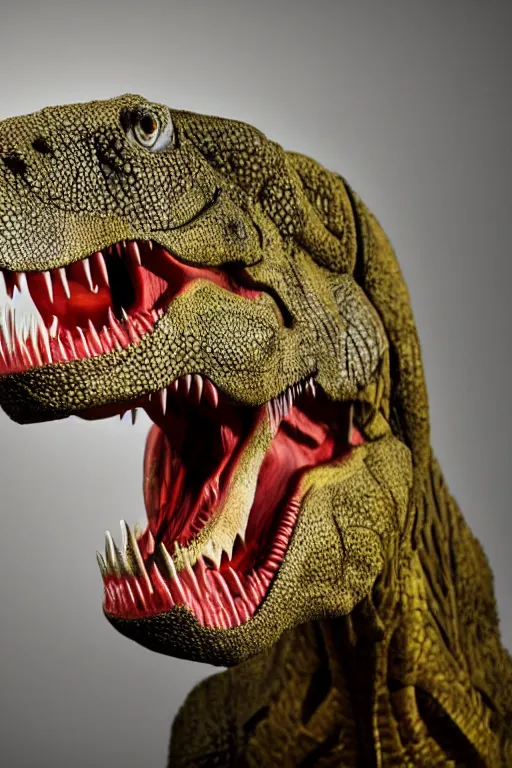 Prompt: A Tyrannosaurus Rex looking menacingly at the camera with studio lighting