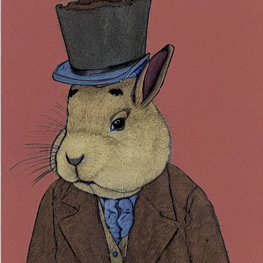 Prompt: a rabbit wearing a deerstalker hat and a brown coat, in the style of carl larsson