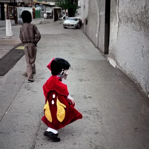 Image similar to The street art features a young boy disguised as a dragon. The boy is shown wearing a costume with dragon-like features, including a long tail, wings, and horns. He has a large grin on his face, suggesting that he is enjoying his disguise. by Scarlett Hooft Graafland robust