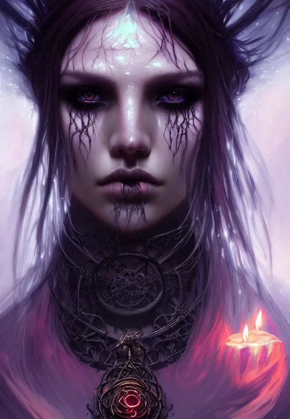 Image similar to Necromancer Sorceress face close-up macro in center, fantasy magic, undercut hairstyle, dark light night, intricate, elegant, sharp focus, illustration, highly detailed, digital painting, concept art, matte, art by WLOP and Artgerm and Greg Rutkowski and Alphonse Mucha, masterpiece