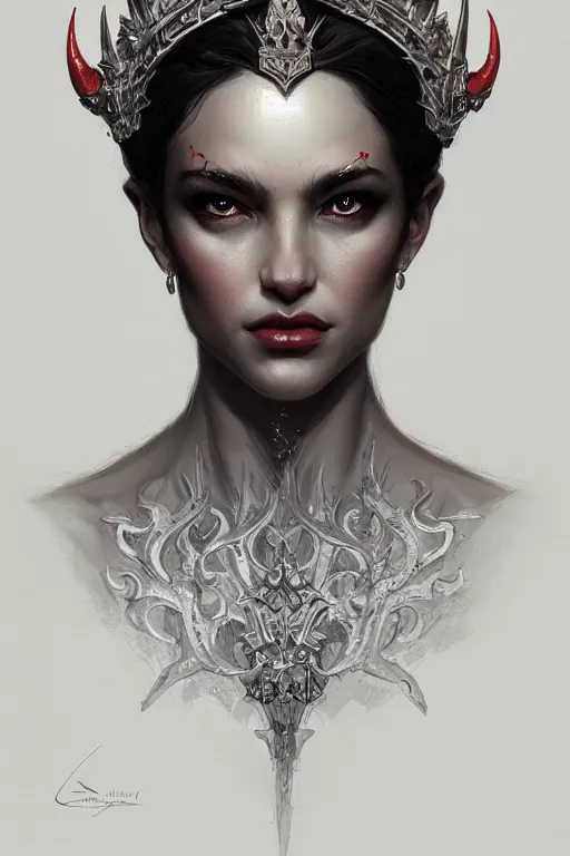 Prompt: highly detailed portrait of an elegant devil, ornate crown, beautiful symmetrical face, glowing skin, digital painting, artstation, concept art, smooth, clear focus, illustration, greg rutkowski, artgerm, global lighting, detailed and fantasy