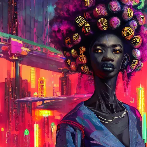 Image similar to afro - cyberpunk deities unseen amongst their creations, a society manifesting dreams with cosmic ancestral magic in a post - modern techno world | hyperrealistic oil painting | by makoto shinkai, ilya kuvshinov, lois van baarle, rossdraws, basquiat | afrofuturism, in the style of surrealism, trending on artstation | red and black color palette