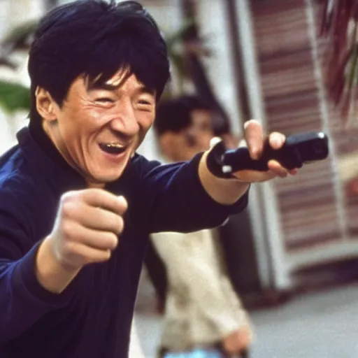 Image similar to a film still of jackie chan getting robbed in rio de janeiro