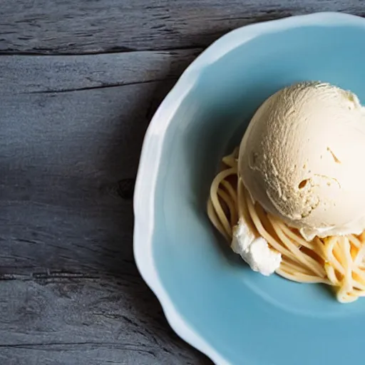 Prompt: single scoop of vanilla ice cream on top of a plate of steaming spaghetti, high resolution photograph, picnic at sunset