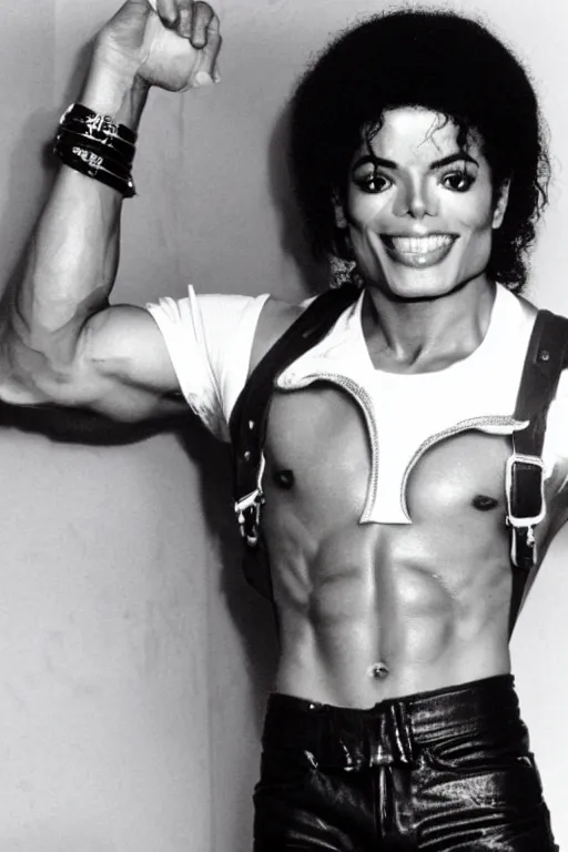 Image similar to 80s Michael Jackson smiles showing you his biceps