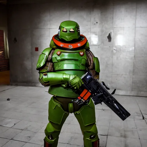 Prompt: doomguy from doom 2 cosplay, photography