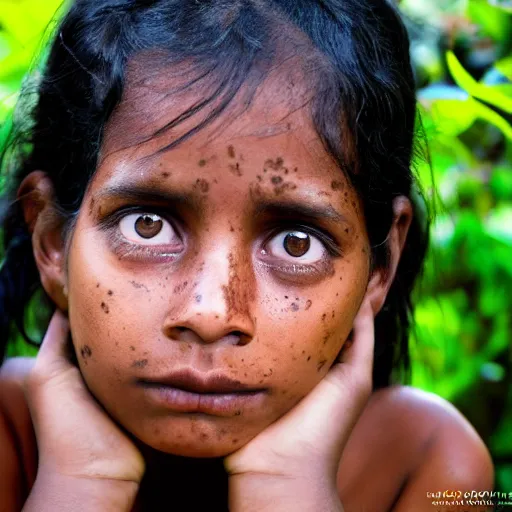 Prompt: a professional photo of a sri lankan jungle girl, black hair, light freckled skin and a look of panic on face. extremely high fidelity. key light.