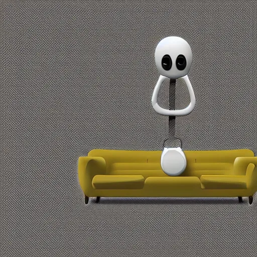 Image similar to photo of a scared anthropomorphic sofa, hiding behind humans, digital art