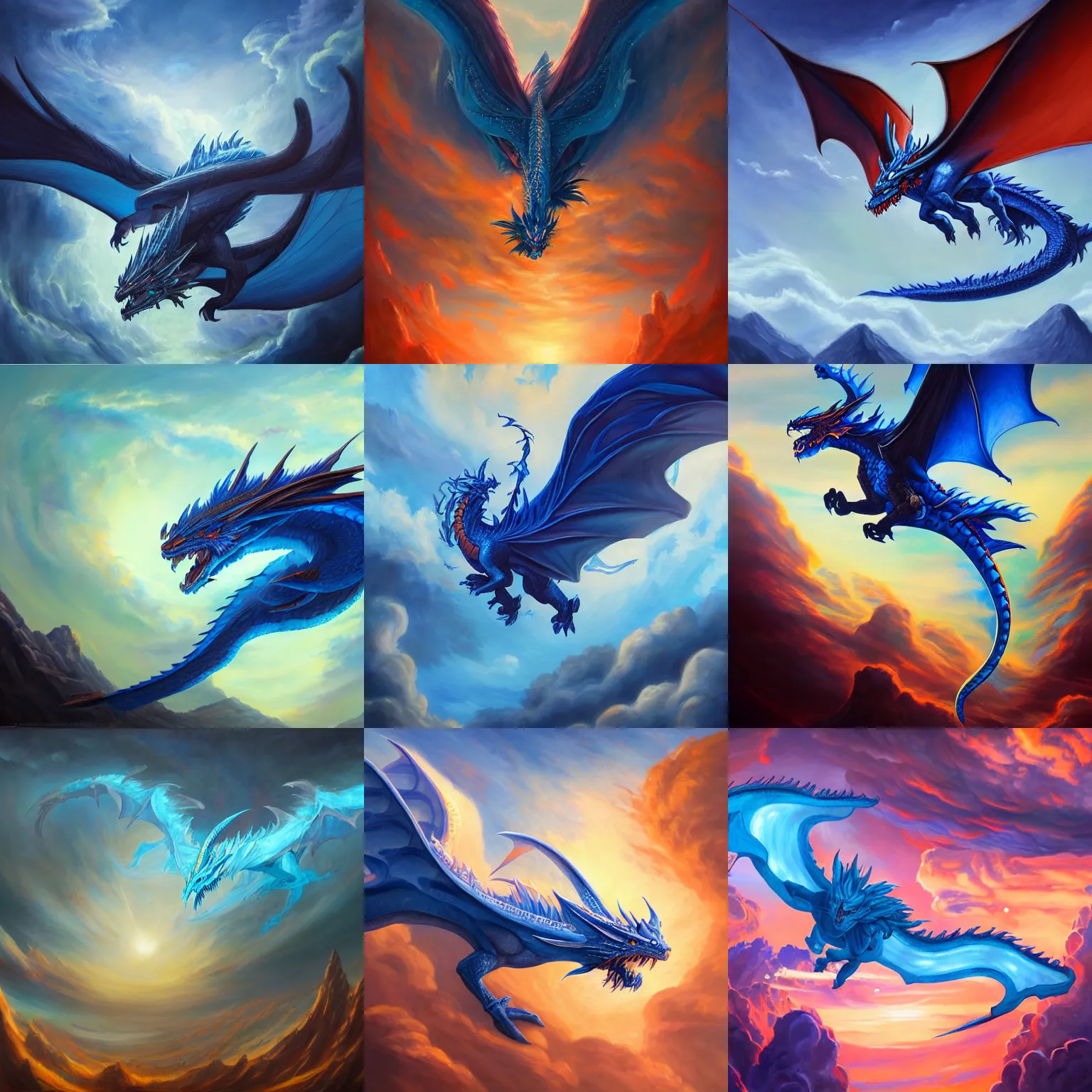 a painting of a blue dragon flying through the sky, a | Stable ...