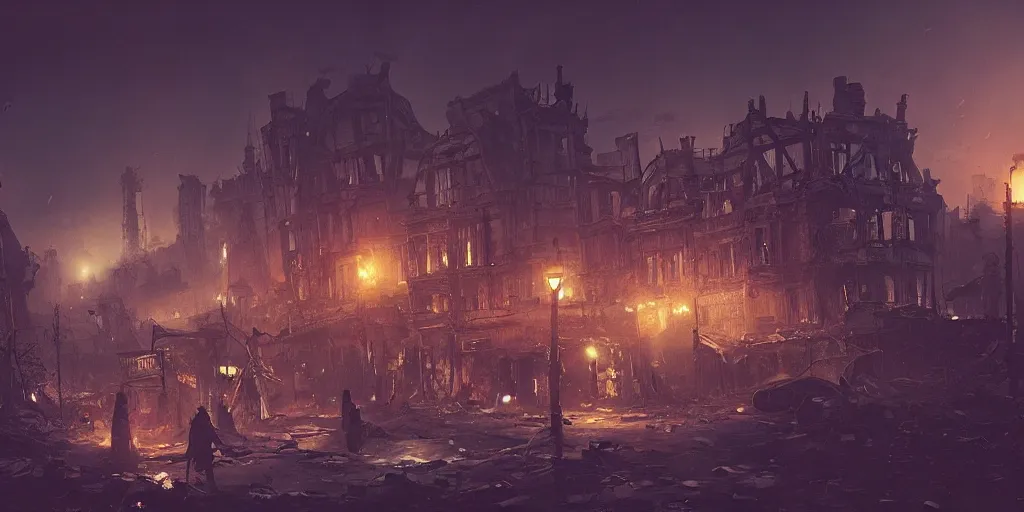 Image similar to victorian city in ruins at night, crashed zeppelin in the background in the style of marcin rubinkowski, greg rutkowski, lorenzo lanfranconi, oleg zherebin, trending on artstation