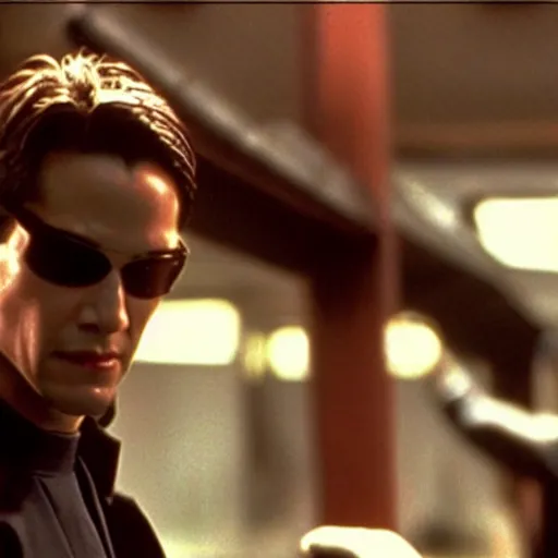 Prompt: movie still from the matrix ( 1 9 9 9 ) of keanu reeves eating a snickers bar