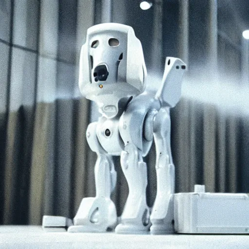 Prompt: movie still of dog robot white swiss shepperd, cinematic composition, cinematic light, criterion collection, by edgar wright