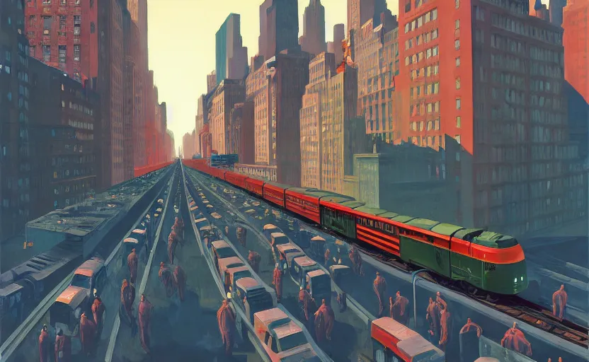 Image similar to A big train moving in the middle of new york city, very coherent, painted by Edward Hopper, Wayne Barlowe, painted by James Gilleard, airbrush, art by JamesJean