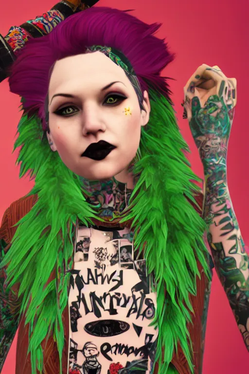 Prompt: portrait of hannah murray as a punk woman with green mohawk, neotraditional tattoos, fishnets, long tartan skirt as delirium of the endless, the sandman, rainbow clothes, second life avatar, the sims 4