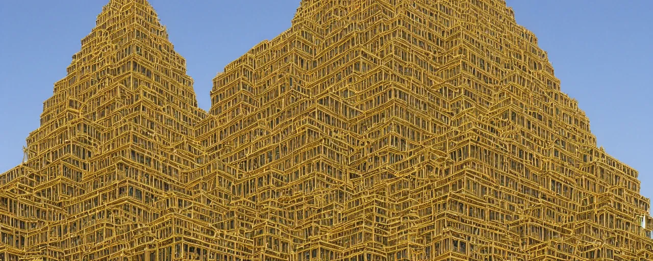 Image similar to babylon tower, stacked volumes, vegetated roofs, golden architecture, golden intricate details, ancient sacred geometry