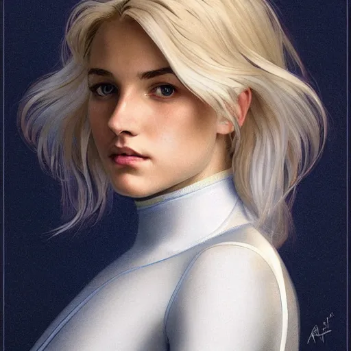 Prompt: a beautiful portrait of a beautiful cute young superhero woman, shoulder - length blonde hair, tight solid matte navy blue lycra bodysuit, white cape, intricate, elegant, 8 k, highly detailed, digital painting, concept art, smooth, sharp focus, illustration, by artgerm greg rutkowski alphonse mucha loish wlop