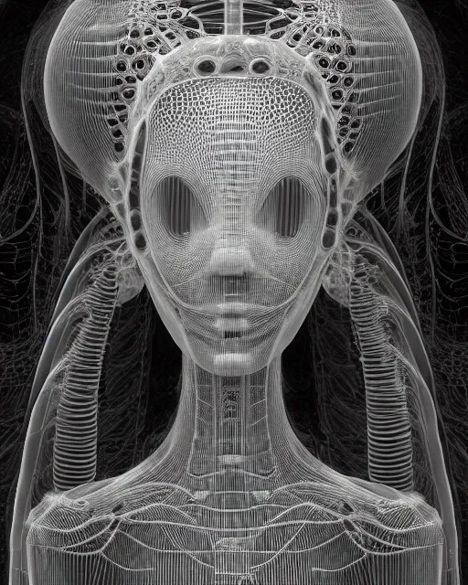 Image similar to mythical dreamy black and white organic bio-mechanical spinal ribbed profile face portrait detail of translucent steampunk bio-mechanical beautiful female angelic-human-queen-vegetal-cyborg, highly detailed, intricate crystal jelly ornate, poetic, 3D render, digital art, octane render, 8K artistic photography, photo-realistic, by Dora Maar