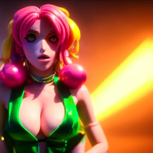 Image similar to cinematic scene with bella thorne as jolyne kujoh from jojo's bizzare adventure, dramatic, small details, volumetric lighting, still frame