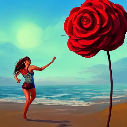 Image similar to portrait, giant rose flower head, woman running at the beach, surreal photography, sunrise, blue sky, dramatic light, impressionist painting, digital painting, artstation, simon stalenhag