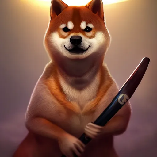 Prompt: muscular shiba inu holding a baseball bat, wearing a police uniform character design, highly detailed digital art, atmosphere, glow, lens flare, cinematic lightning, hyperrealistic, focused, extreme details, 4 k, ultra detailed, trending on artstation, masterpiece, digital art.